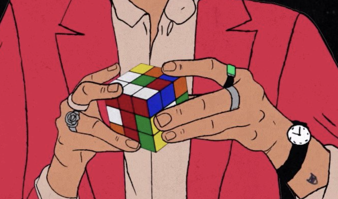 Illustration of hands solving a Rubik's Cube.